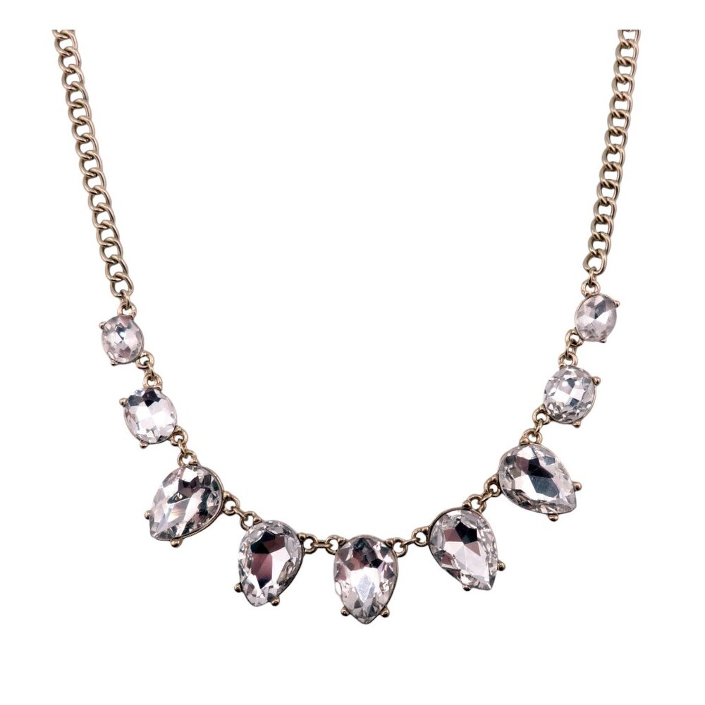 Circa 1900 Clear Oval and Teardrop Crystal Mix Goldtone Statement Necklace NEW